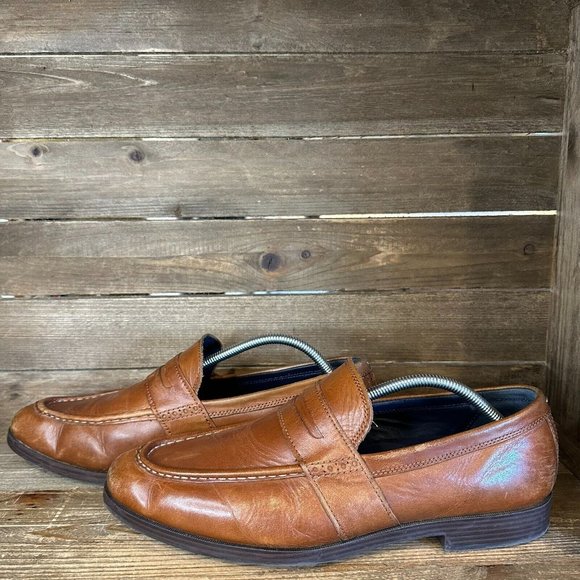 Mens Cole‎ Haan Grand.Os Brown Leather Almond Toe Penny Loafers Size 11.5 M GUC